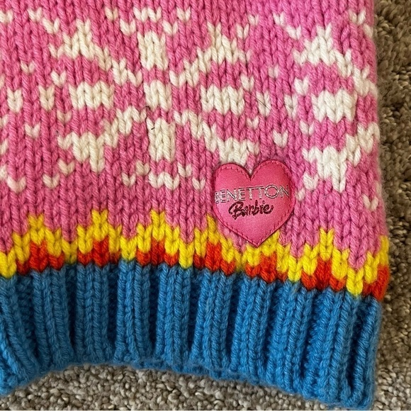 Benetton Barbie Girls Knit Cardigan Sweater Size 8 Pink Nordic Hearts Snowflake - Picture 3 of 10